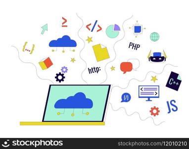 Cloud based software development 2D linear cartoon object. Saas technology in programming isolated line vector element white background. Web design online tools color flat spot illustration. Cloud based software development 2D linear cartoon object