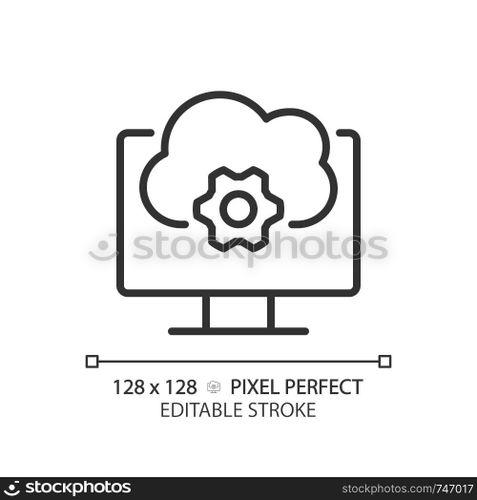 Cloud based software pixel perfect linear icon. Application online support. Computing technology in programming. Thin line illustration. Contour symbol. Vector outline drawing. Editable stroke. Cloud based software pixel perfect linear icon