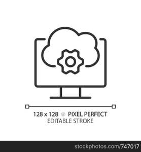 Cloud based software pixel perfect linear icon. Application online support. Computing technology in programming. Thin line illustration. Contour symbol. Vector outline drawing. Editable stroke. Cloud based software pixel perfect linear icon