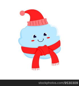 Cloud cartoon character in winter cloth, funny personage in worm hat and red scarf. Vector kawaii emoji, weather forecast and meteorology emoticon. Cloud cartoon character in winter cloth, personage