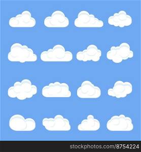 Cloud cartoon. Set of different cartoon clouds. Clouds on a isolated blue background. Vector illustration
