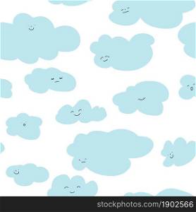 Cloud character with face, cloudy sky with personage. Childish background or print for nursery, overcast or forecast. Emotional smiley or sticker, emoticon. Seamless pattern, vector in flat style. Flying cloud character with face seamless pattern