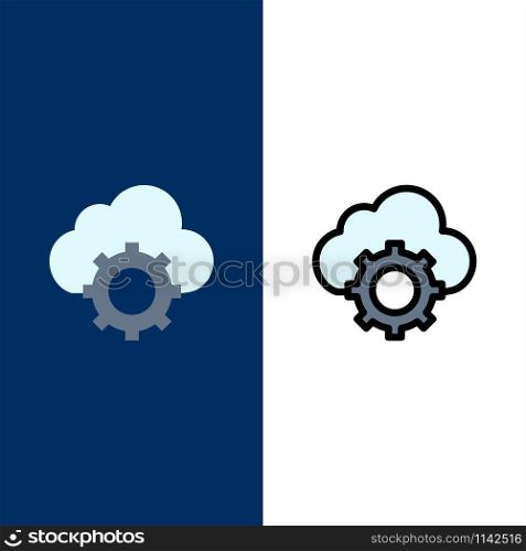 Cloud, Cloud-Computing, Cloud-Settings Icons. Flat and Line Filled Icon Set Vector Blue Background