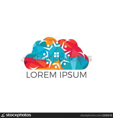 Cloud Community home logo design. Cloud house and people vector icon.