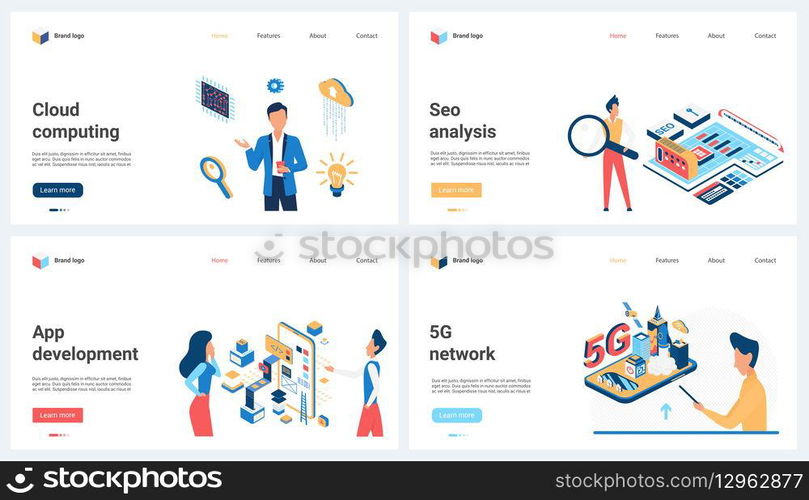 Cloud computing and data analysis, 5G network set vector illustration. Cartoon tiny people work with big analytic platform and database, develop mobile app online, download files from server. Cloud computing, data analysis, 5G network set, tiny people work with analytic platform