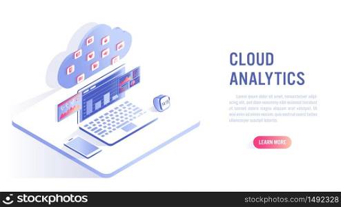 Cloud computing and data analytics concept. Business analytics of data financial graphs. Isometric flat vector design.
