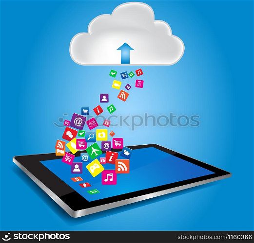 Cloud computing and mobility concept. Cloud with Tablet PC and application icons,
