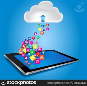 Cloud computing and mobility concept. Cloud with Tablet PC and application icons,