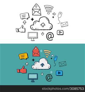 Cloud computing and social media with doodle drawing style, vector illustration
