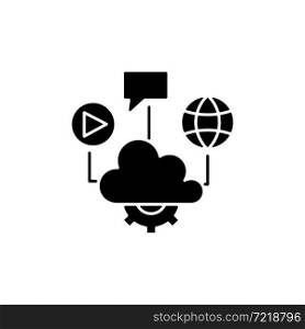 Cloud computing black glyph icon. Files storage and sharing. Computing services delivering. Virtual server. Data access via internet. Silhouette symbol on white space. Vector isolated illustration. Cloud computing black glyph icon