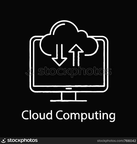 Cloud computing chalk icon. Internet data storage. File sharing service. Cloud web storage. Data transfer. Upload and download. Computer display. Isolated vector chalkboard illustration. Cloud computing chalk icon