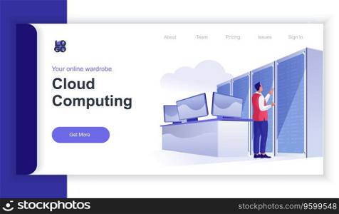 Cloud computing concept 3d isometric web banner with people scene. Man optimizes work of cloud computing in data center and tech support. Vector illustration for landing page and web template design