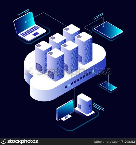 Cloud computing concept. Computing network, cloud smartphone app. Data storage technology 3d vector infographic. Illustration of communication and connection service, computer isometric processing. Cloud computing concept. Computing network, cloud smartphone app. Data storage technology 3d isometric vector infographic