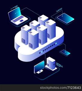 Cloud computing concept. Computing network, cloud smartphone app. Data storage technology 3d vector infographic. Illustration of communication and connection service, computer isometric processing. Cloud computing concept. Computing network, cloud smartphone app. Data storage technology 3d isometric vector infographic