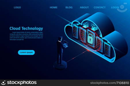 Cloud Computing Concept. data security concept. Online computing technology. Big data flow processing concept, 3d servers and datacenter. isometric flat design