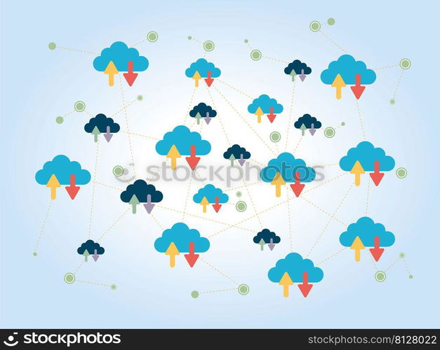 Cloud computing concept, database connection, server database. Flat design vector.