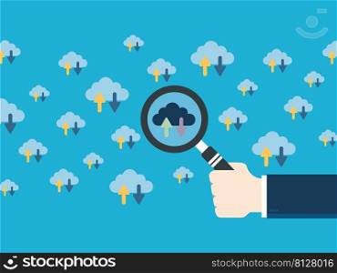 Cloud computing concept, database connection, server database. Flat design vector. Hand with magnifying glass.