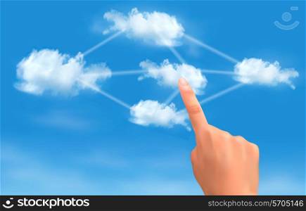 Cloud computing concept. Hand touching connected clouds. Vector.