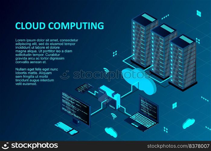 Cloud computing concept isometric vector illustration. Isometric cloud technology with datacenter. Server, desktop computer, laptop, smartphone, and folder connected to cloud service. Web hosting concept.