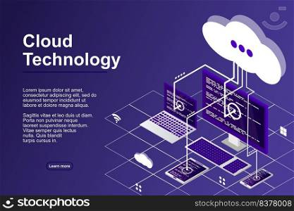 Cloud computing concept isometric vector illustration. Modern cloud technology. Vector 3d isometric illustration electronic devices, desktop computer, laptop and smartphone connected to cloud service.