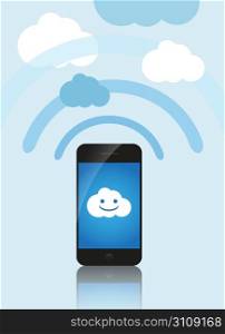 Cloud computing concept. Mobile phone makes contact with a cloud server.
