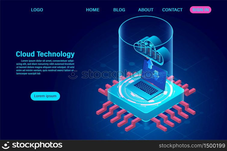 Cloud computing concept. online computing technology on computer laptop. big data flow processing concept. isometric flat design vector illustration.