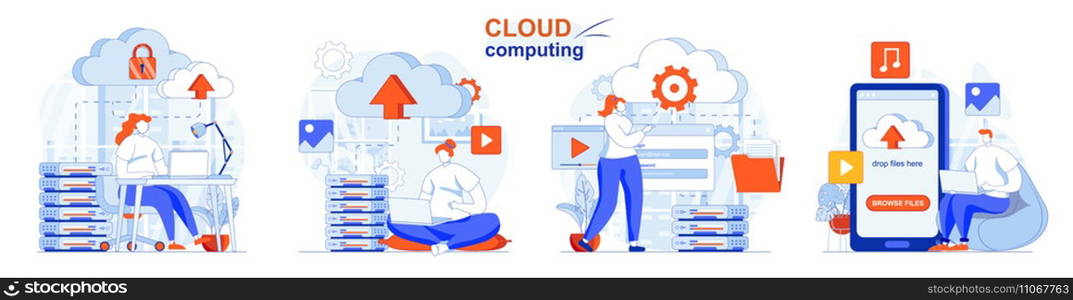 Cloud computing concept set. Cloud service server for storing and processing data. People isolated scenes in flat design. Vector illustration for blogging, website, mobile app, promotional materials.