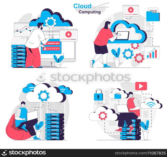 Cloud computing concept set. Computer engineers work at data center server room. People isolated scenes in flat design. Vector illustration for blogging, website, mobile app, promotional materials.
