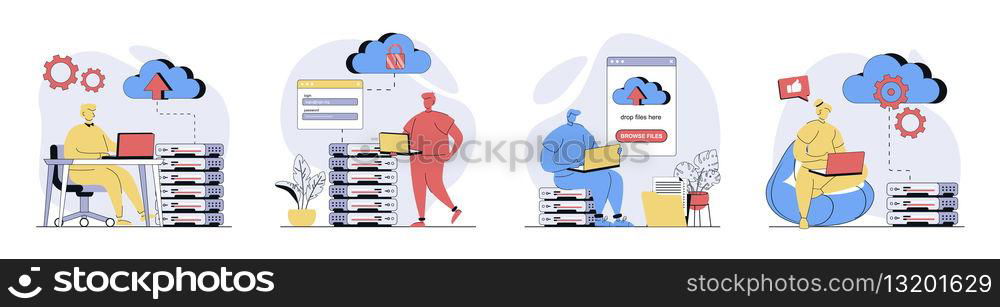 Cloud computing concept set in flat design for web. Collection with people using cloud processing, making sync and data backup with online files storage, sharing and download. Vector illustrations.
