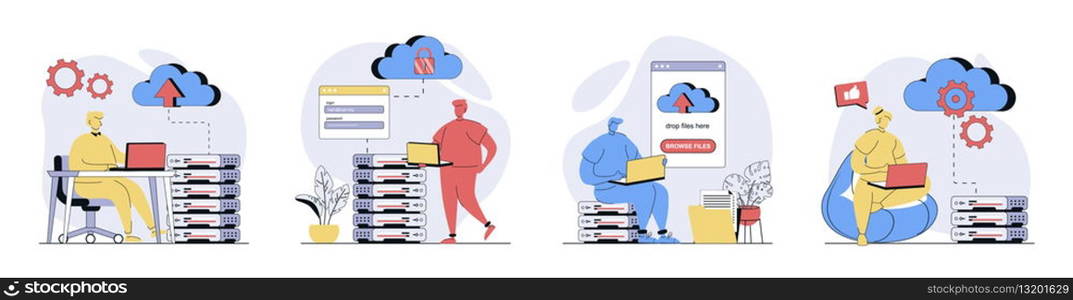 Cloud computing concept set in flat design for web. Collection with people using cloud processing, making sync and data backup with online files storage, sharing and download. Vector illustrations.
