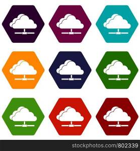 Cloud computing connection icon set many color hexahedron isolated on white vector illustration. Cloud computing connection icon set color hexahedron