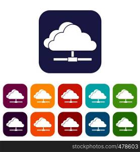 Cloud computing connection icons set vector illustration in flat style in colors red, blue, green, and other. Cloud computing connection icons set