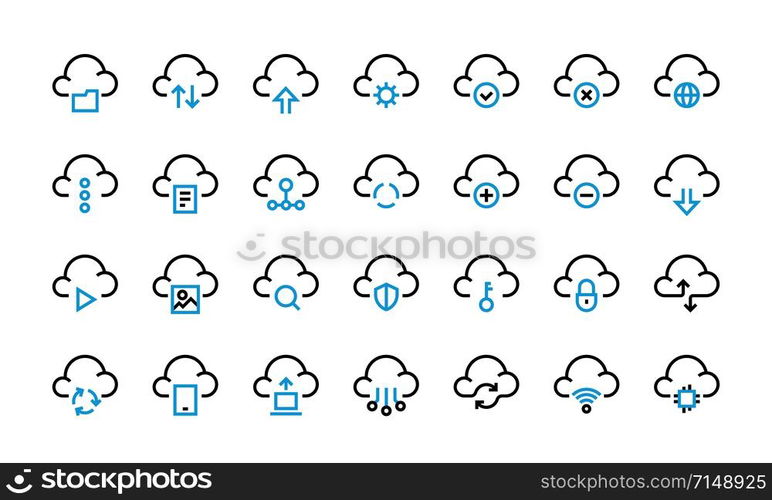 Cloud computing icons. Data transfer access and synchronization, internet platform and cloud server technology. Vector set transfer and computation digital information, like access web container. Cloud computing icons. Data transfer access and synchronization, internet platform and cloud server technology. Vector set