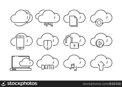 Cloud computing icons. Secure web online storage with private information internet ftp infrastructure connected vector symbols. Illustration of web cloud data storage, network computing information. Cloud computing icons. Secure web online storage with private information internet ftp infrastructure connected vector symbols