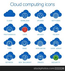Cloud computing icons set. Online data storage silhouette symbols. Download, upload, settings, new document, preferences, lock, unlock and folder. Vector isolated illustration. Cloud computing icons set