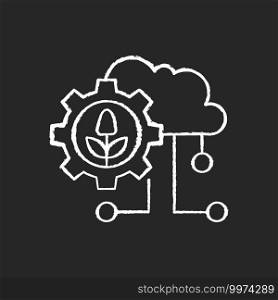 Cloud computing in farming chalk white icon on black background. Agricultural analytics. Information technology. Collected data. Isolated vector chalkboard illustration. Cloud computing in farming chalk white icon on black background