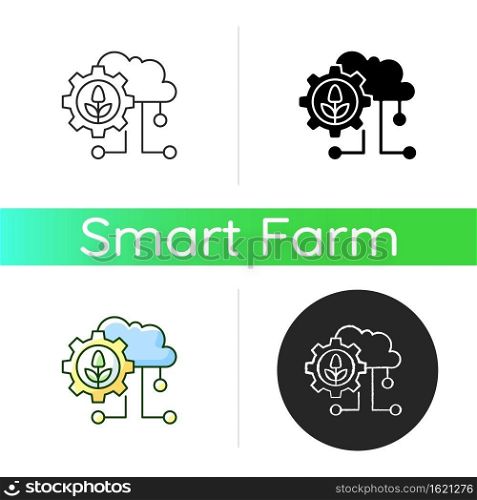 Cloud computing in farming icon. Agricultural analytics. Information technology. Collected data. Linear black and RGB color styles. Isolated vector illustrations. Cloud computing in farming icon