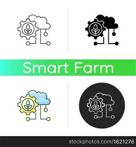 Cloud computing in farming icon. Agricultural analytics. Information technology. Collected data. Linear black and RGB color styles. Isolated vector illustrations. Cloud computing in farming icon