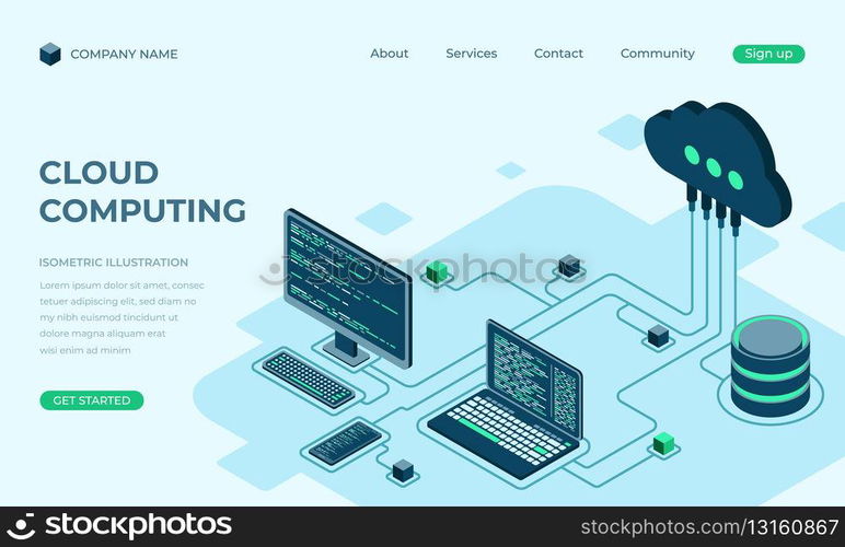Cloud computing isometric landing page. Cloud storage server. Cloud computing online database technology. Vector illustration