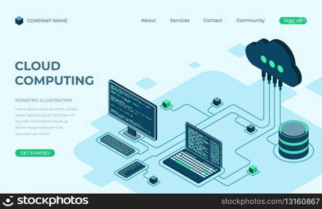 Cloud computing isometric landing page. Cloud storage server. Cloud computing online database technology. Vector illustration