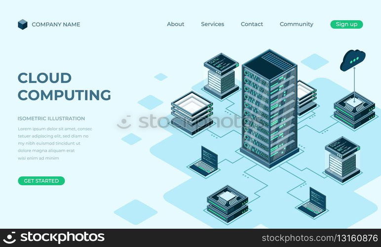 Cloud computing isometric landing page. Cloud storage server. Cloud computing online database technology. Vector illustration