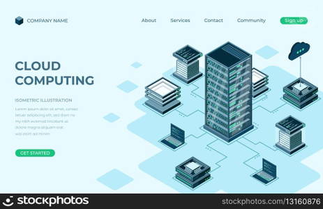 Cloud computing isometric landing page. Cloud storage server. Cloud computing online database technology. Vector illustration