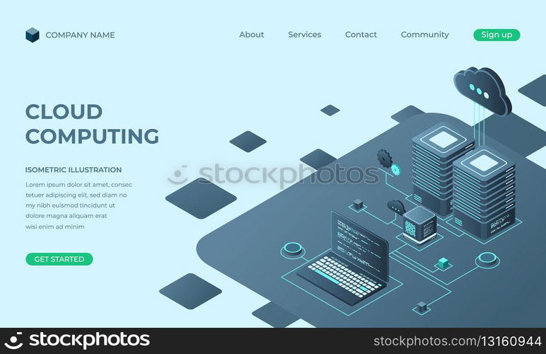 Cloud computing isometric landing page. Cloud storage server. Cloud computing online database technology. Vector illustration