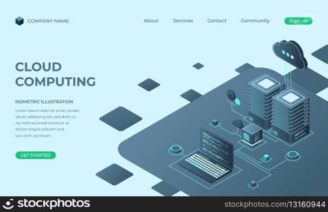 Cloud computing isometric landing page. Cloud storage server. Cloud computing online database technology. Vector illustration