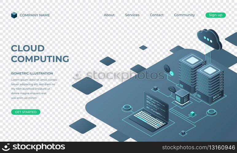 Cloud computing isometric landing page. Cloud storage server. Cloud computing online database technology. Vector illustration