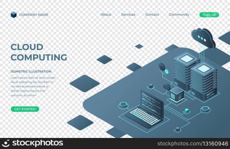 Cloud computing isometric landing page. Cloud storage server. Cloud computing online database technology. Vector illustration
