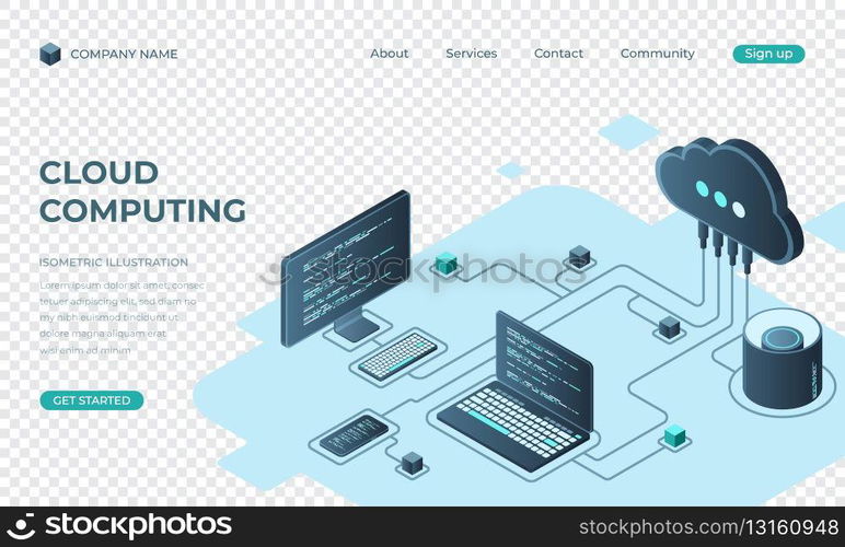 Cloud computing isometric landing page. Cloud storage server. Cloud computing online database technology. Vector illustration
