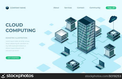 Cloud computing isometric landing page. Cloud storage server. Cloud computing online database technology. Vector illustration