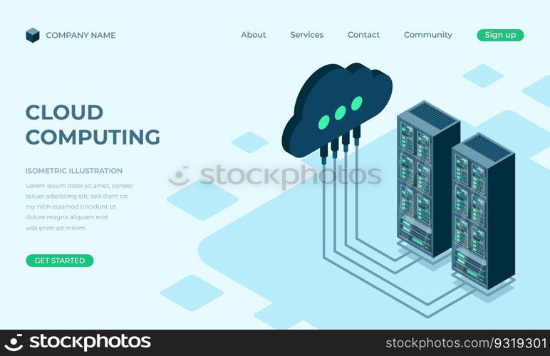 Cloud computing isometric landing page. Cloud storage server. Cloud computing online database technology. Vector illustration