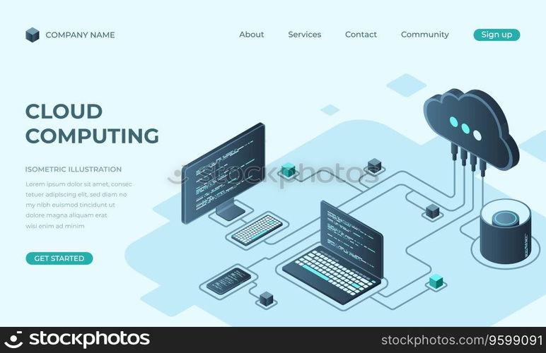 Cloud computing isometric landing page. Cloud storage server. Cloud computing online database technology. Vector illustration